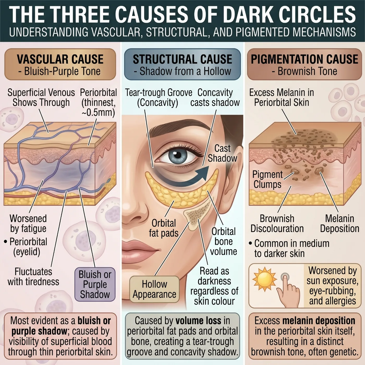 The three causes of dark circles: vascular (bluish-purple tone from superficial veins), structural (shadow from a tear-trough hollow) and pigmentation (brownish tone from excess melanin).