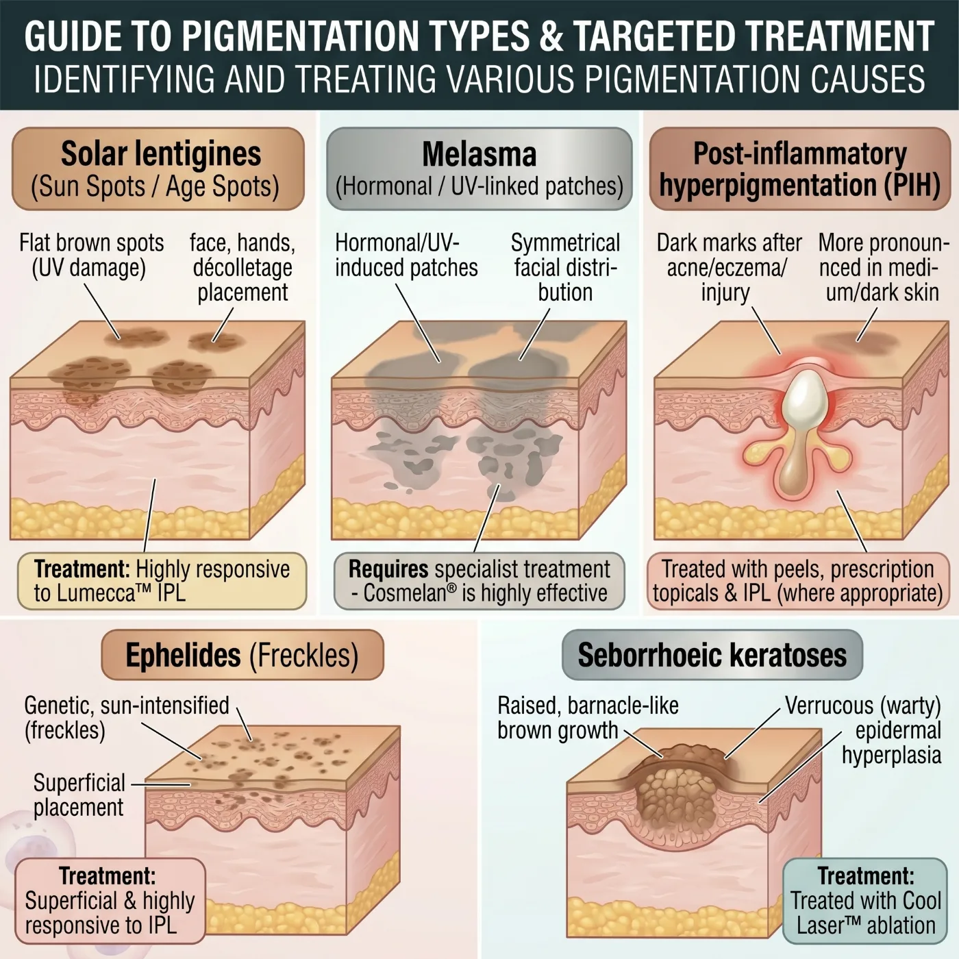 Guide to pigmentation types and targeted treatment: solar lentigines, melasma, post-inflammatory hyperpigmentation, freckles and seborrhoeic keratoses, and how each is treated.