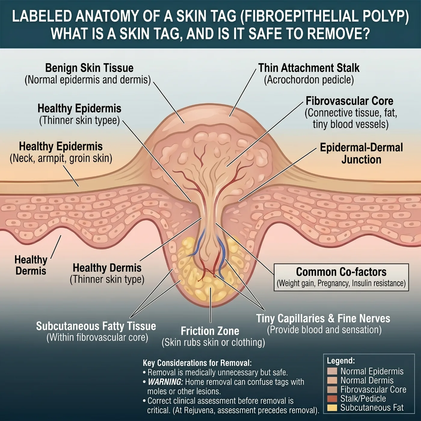Labeled anatomy of a skin tag (fibroepithelial polyp): benign skin tissue on a thin attachment stalk with a fibrovascular core — and why home removal can confuse a tag with a mole or other lesion.