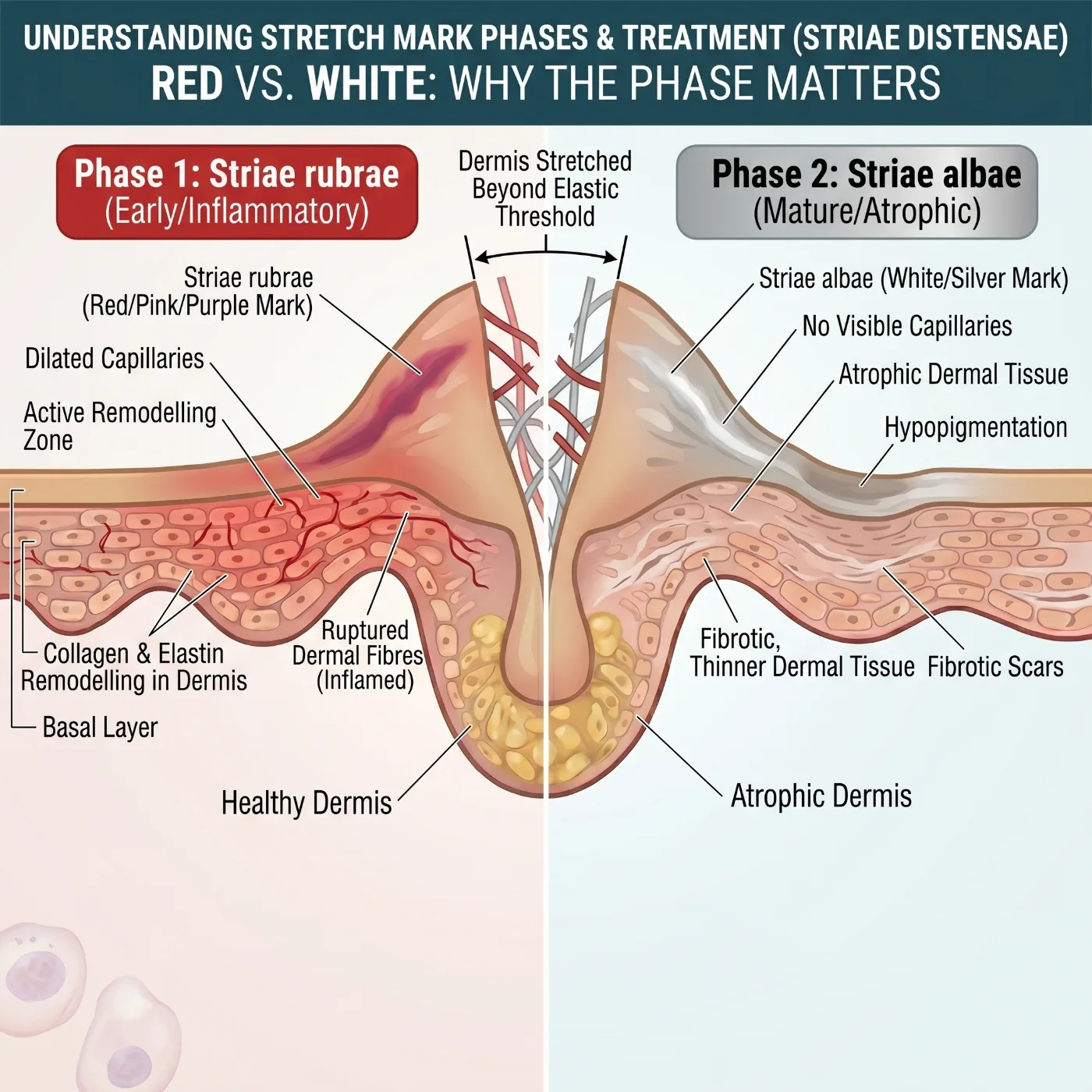 Understanding stretch mark phases (striae distensae): early red striae rubrae with dilated capillaries and active remodelling versus mature white striae albae with atrophic, fibrotic dermal tissue.