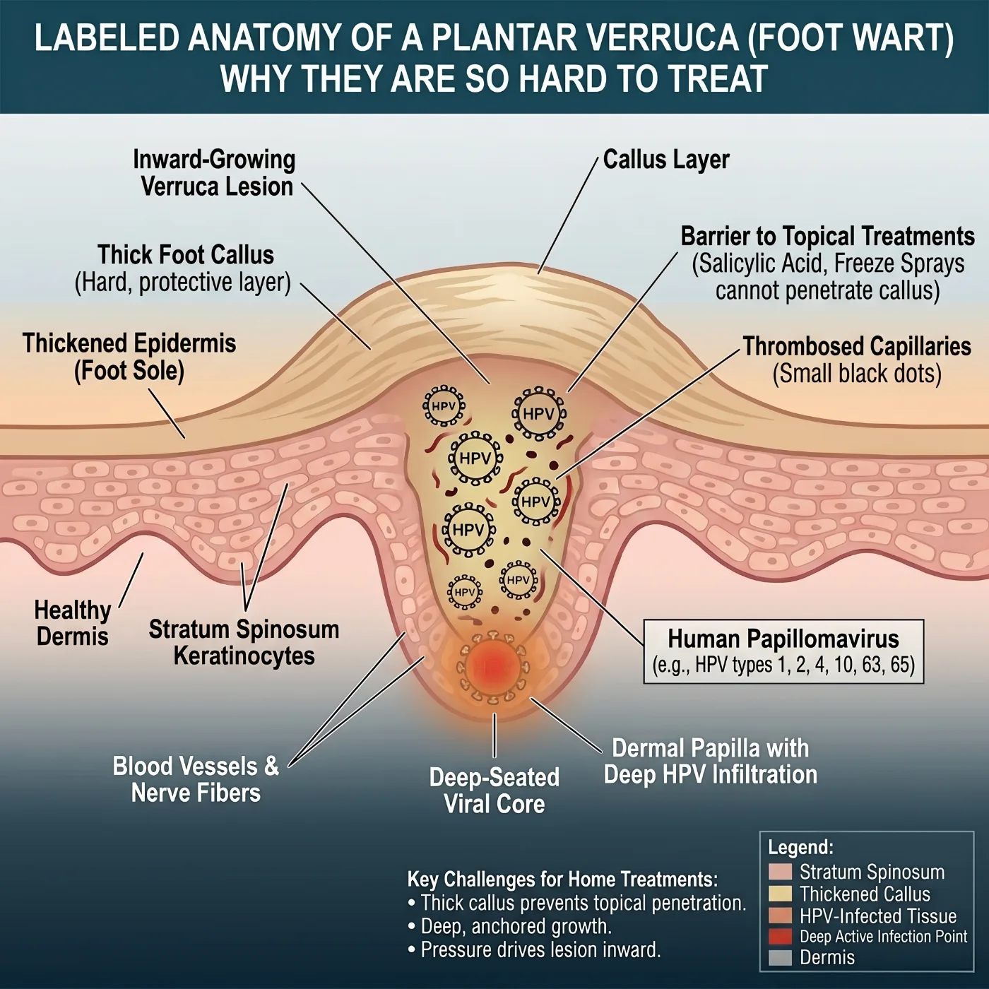 Labeled anatomy of a plantar verruca (foot wart): a deep, inward-growing HPV lesion beneath a thick foot callus that blocks topical treatments, with thrombosed capillaries and a deep-seated viral core.