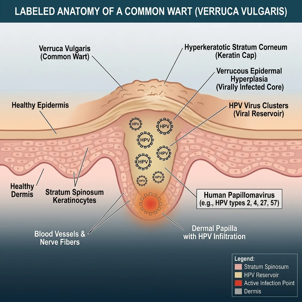 Labeled cross-section anatomy of a common wart (verruca vulgaris): a hyperkeratotic keratin cap over an HPV viral reservoir in the epidermis, with HPV infiltration reaching the dermal papilla — showing why surface creams and freezing miss the deep viral root that laser treatment reaches.