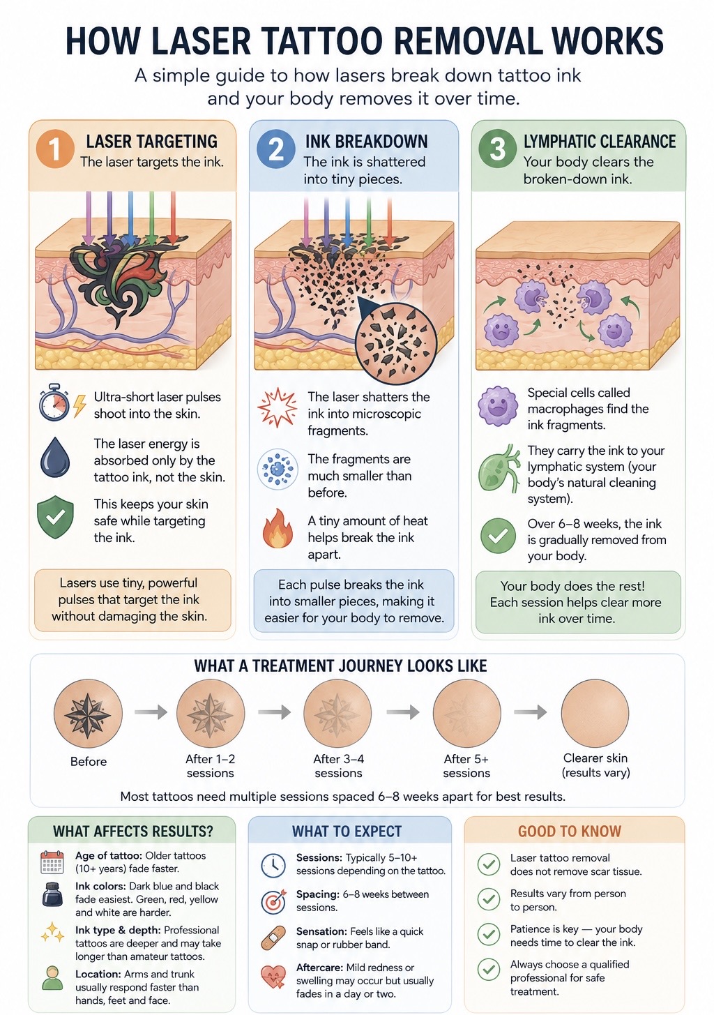 How laser tattoo removal works — a simple guide to how lasers break down tattoo ink and the body removes it over time.