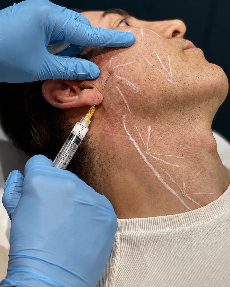 Close-up of a Radiesse injection at the pre-marked jawline during a doctor-led treatment at Rejuvena Clinic in Bedford