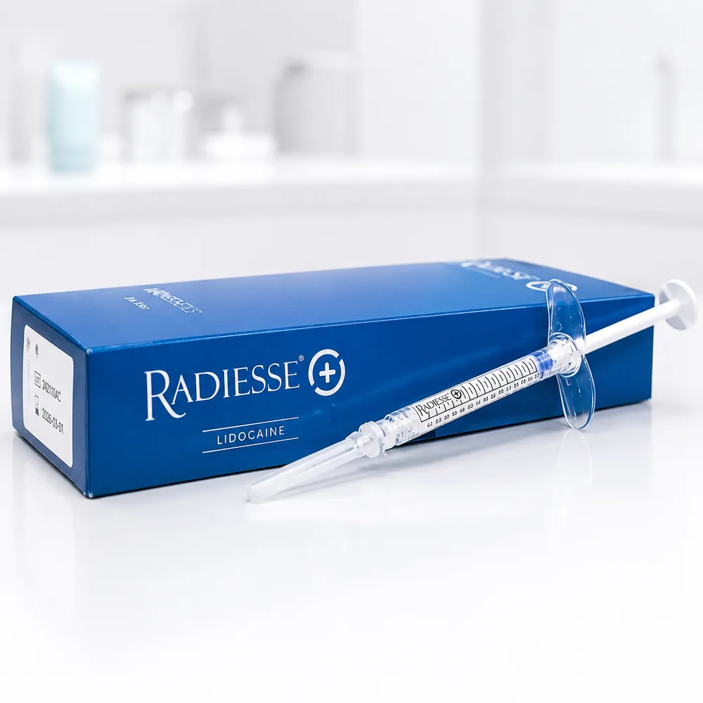Radiesse calcium hydroxylapatite injectable &mdash; product box and syringe