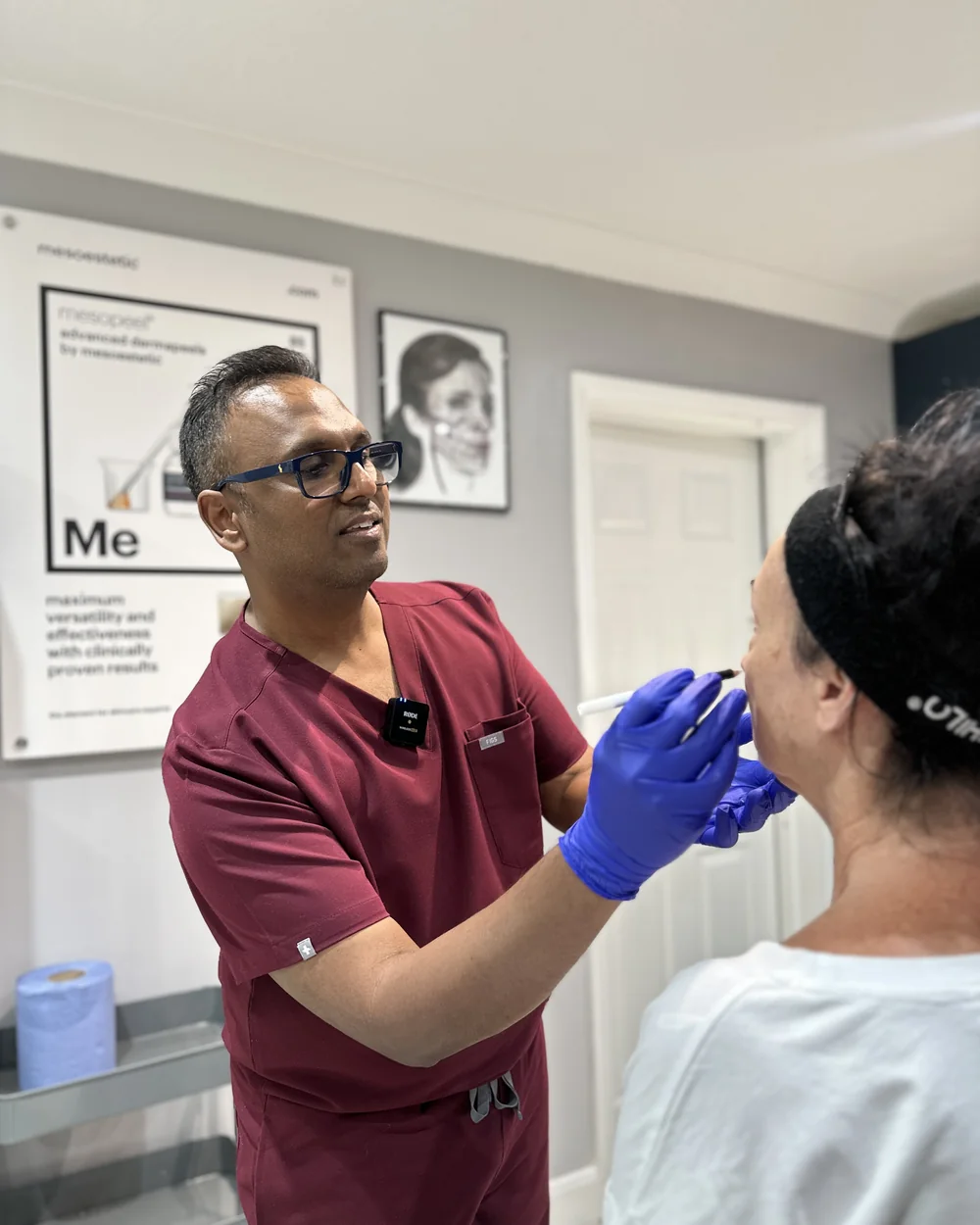 Dr Nick assessing and marking a patient’s face before anti-wrinkle injections at Rejuvena Clinic, Bedford