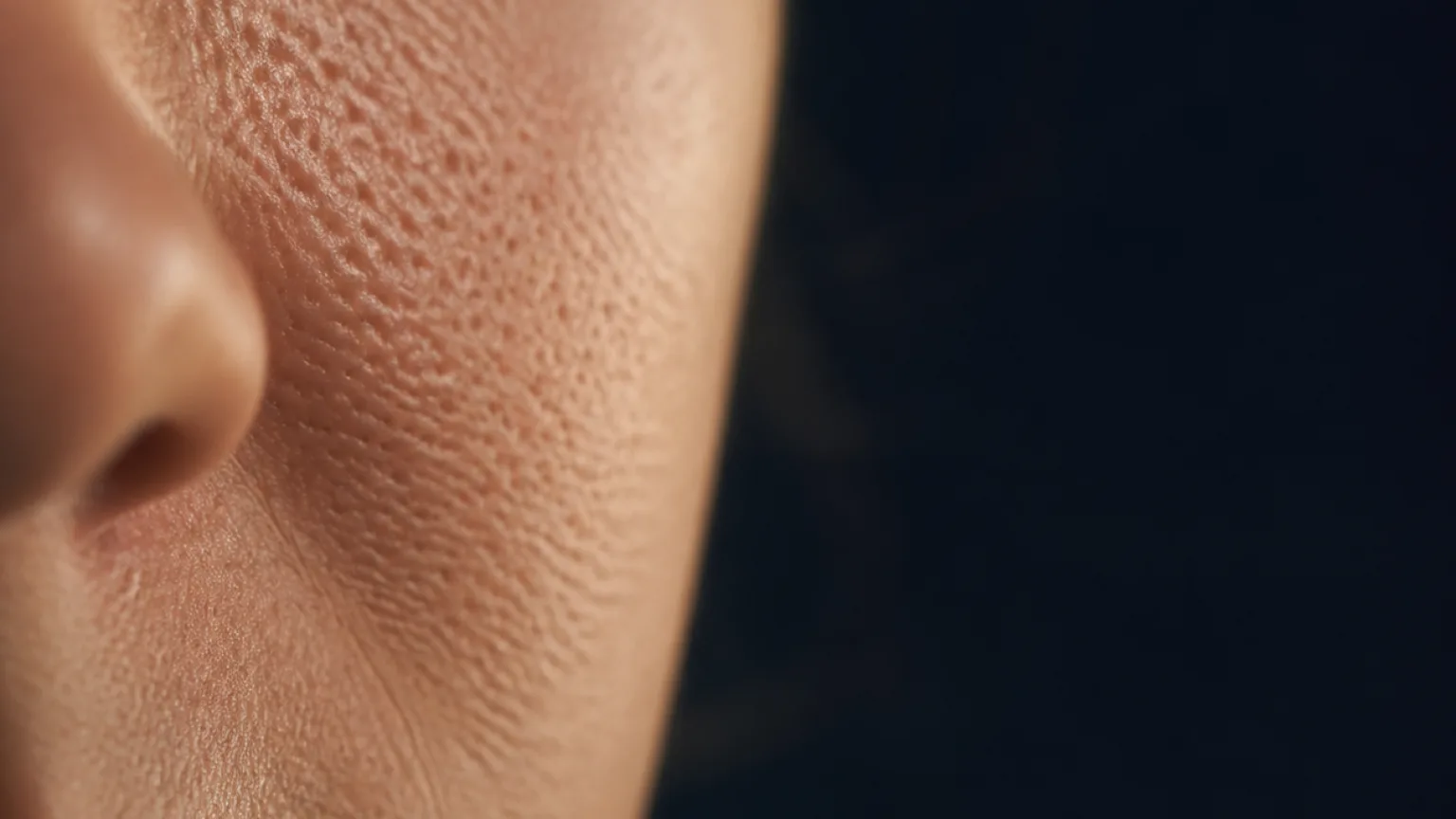 Macro view of enlarged pores and natural skin texture beside the nose
