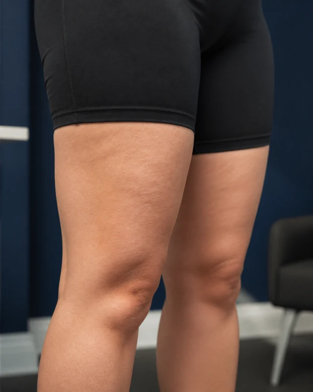 Natural outer-thigh skin showing mild cellulite dimpling and realistic texture