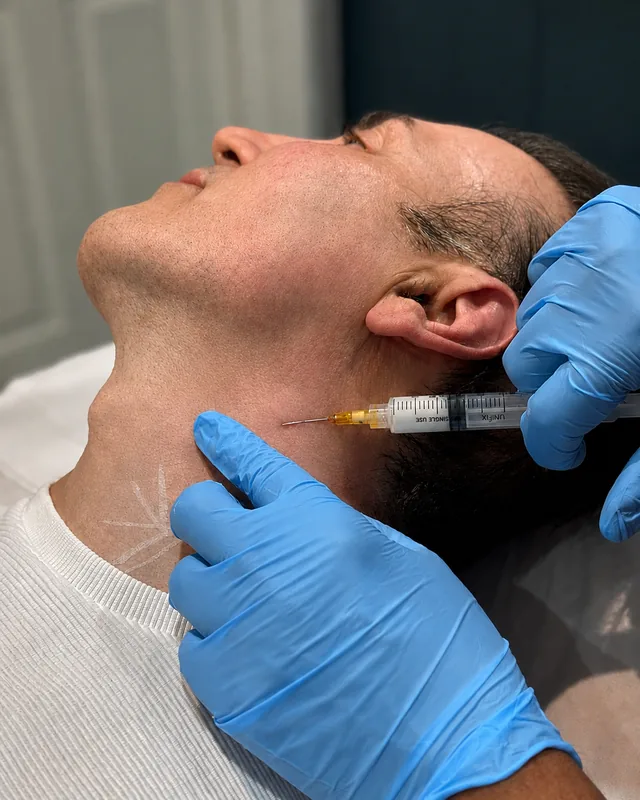 Dr Nick injecting hyperdilute Radiesse into the upper neck at Rejuvena Clinic in Bedford
