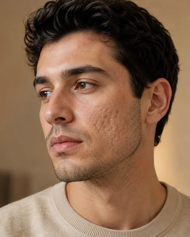 Close-up showing atrophic acne scarring and uneven skin texture