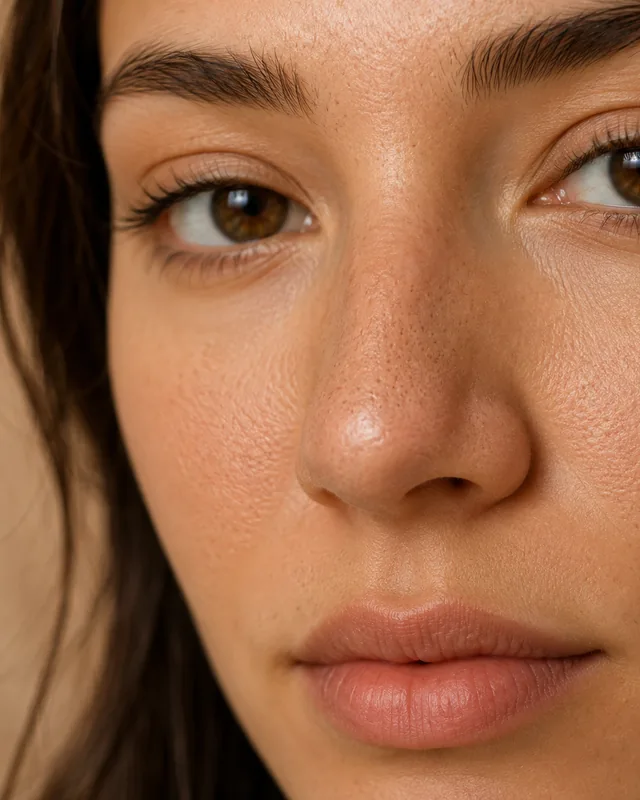 Close-up of enlarged facial pores and uneven texture