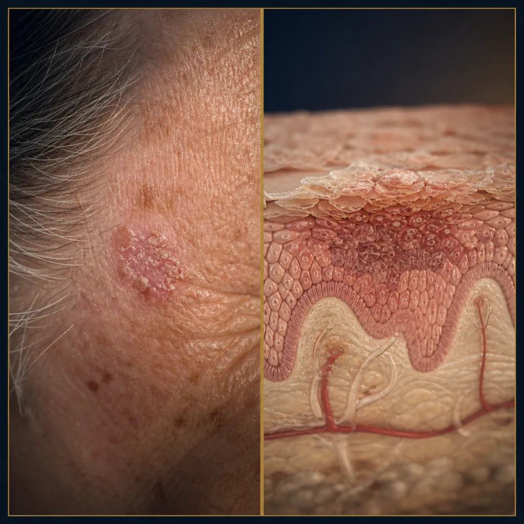 Photorealistic actinic keratosis patch with an anatomical view of surface scale and epidermis