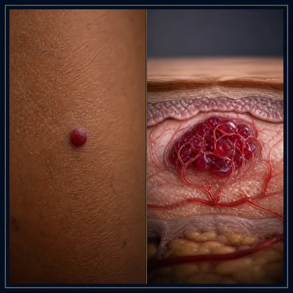 Photorealistic cherry angioma with an anatomical view of superficial capillaries