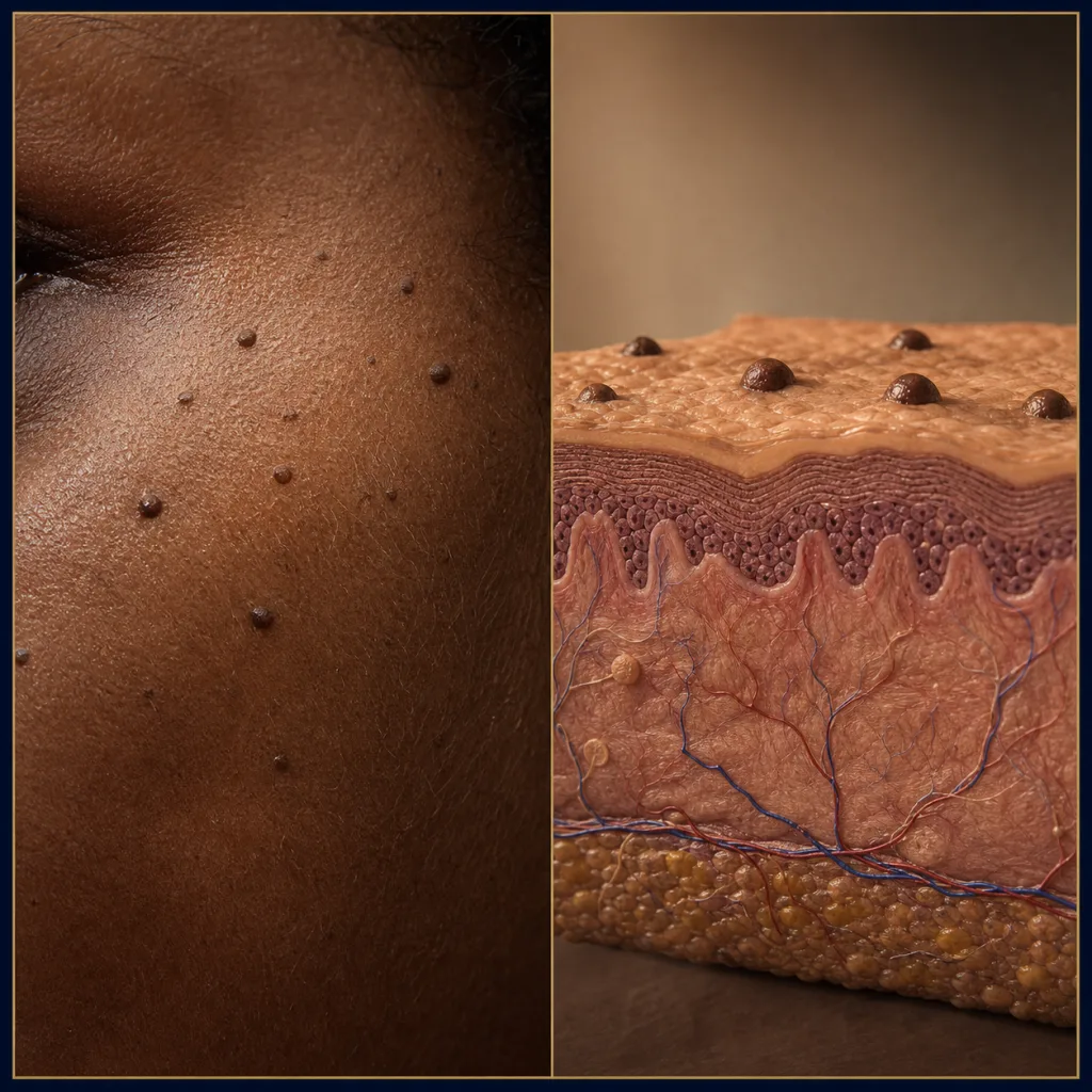 Photorealistic dermatosis papulosa nigra papules with an anatomical epidermal view