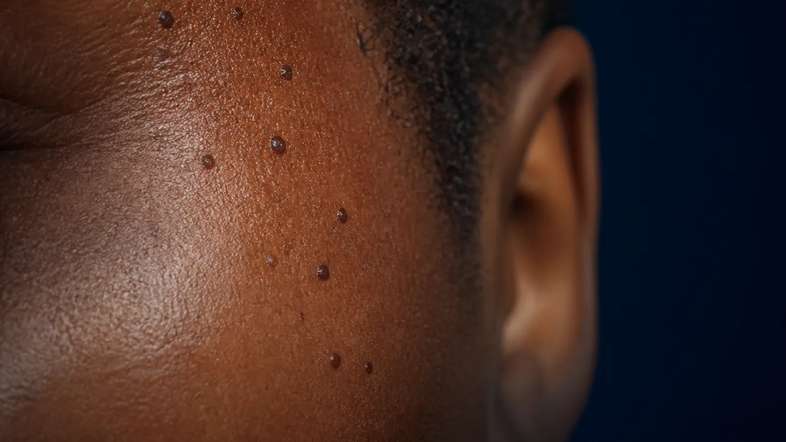 Cinematic close-up of dermatosis papulosa nigra papules on deep facial skin