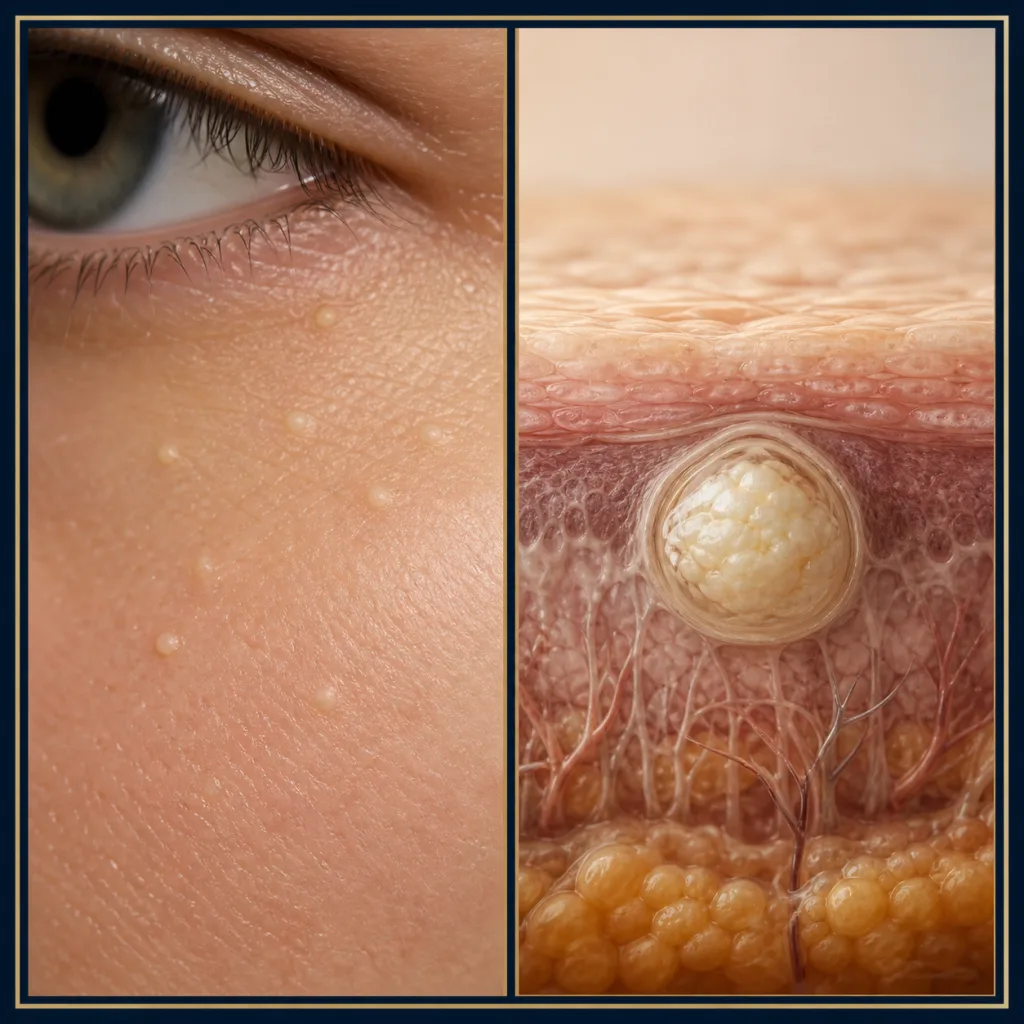 Photorealistic milia near the eye with an anatomical keratin cyst cross-section