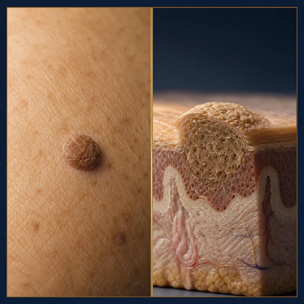 Photorealistic seborrhoeic keratosis with an anatomical view of the thickened epidermis