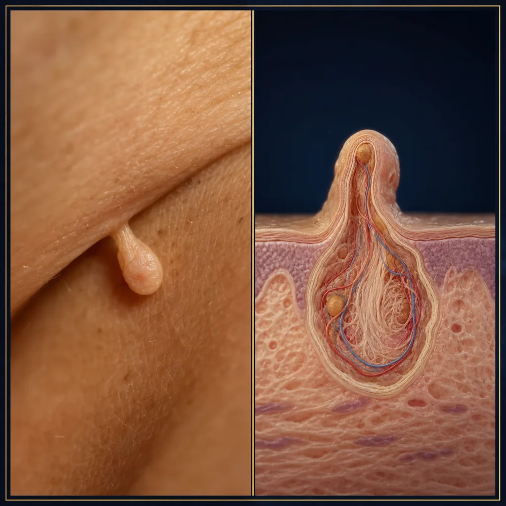 Photorealistic view of a soft stalked skin tag with an anatomical skin cross-section