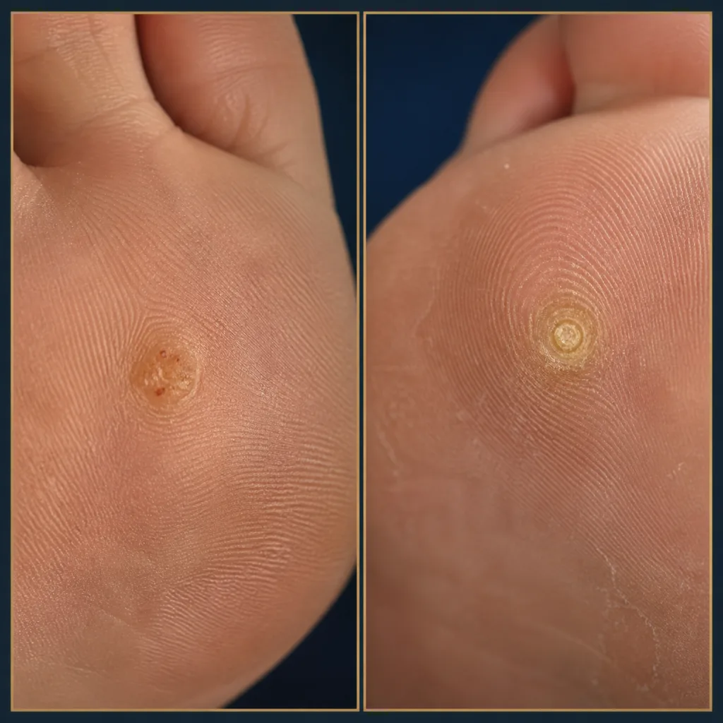 Photorealistic comparison of a plantar verruca and a corn on the sole of the foot