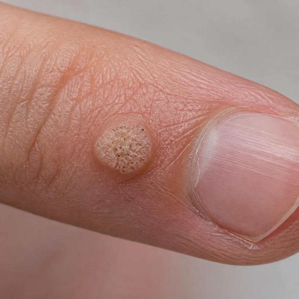 Photorealistic close-up of a common wart with a rough keratin surface and pinpoint capillaries on an adult finger