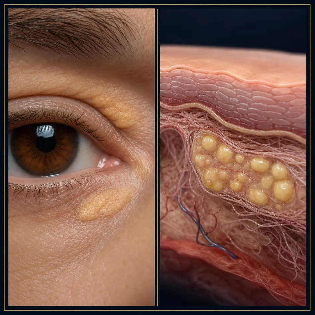 Photorealistic xanthelasma plaque near the inner eyelid with an anatomical skin view