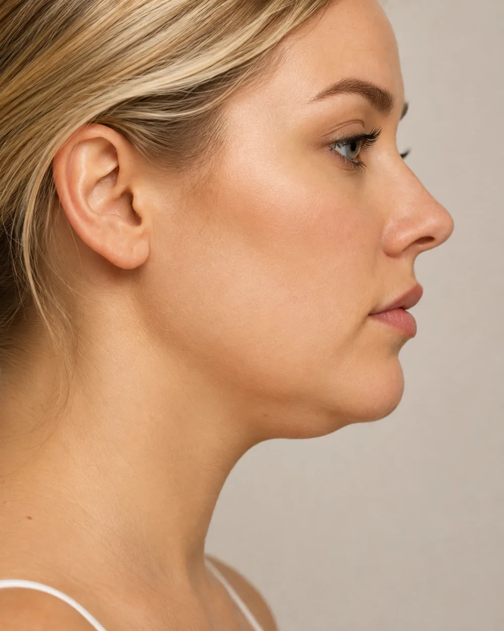 Natural side profile showing submental fullness beneath the chin