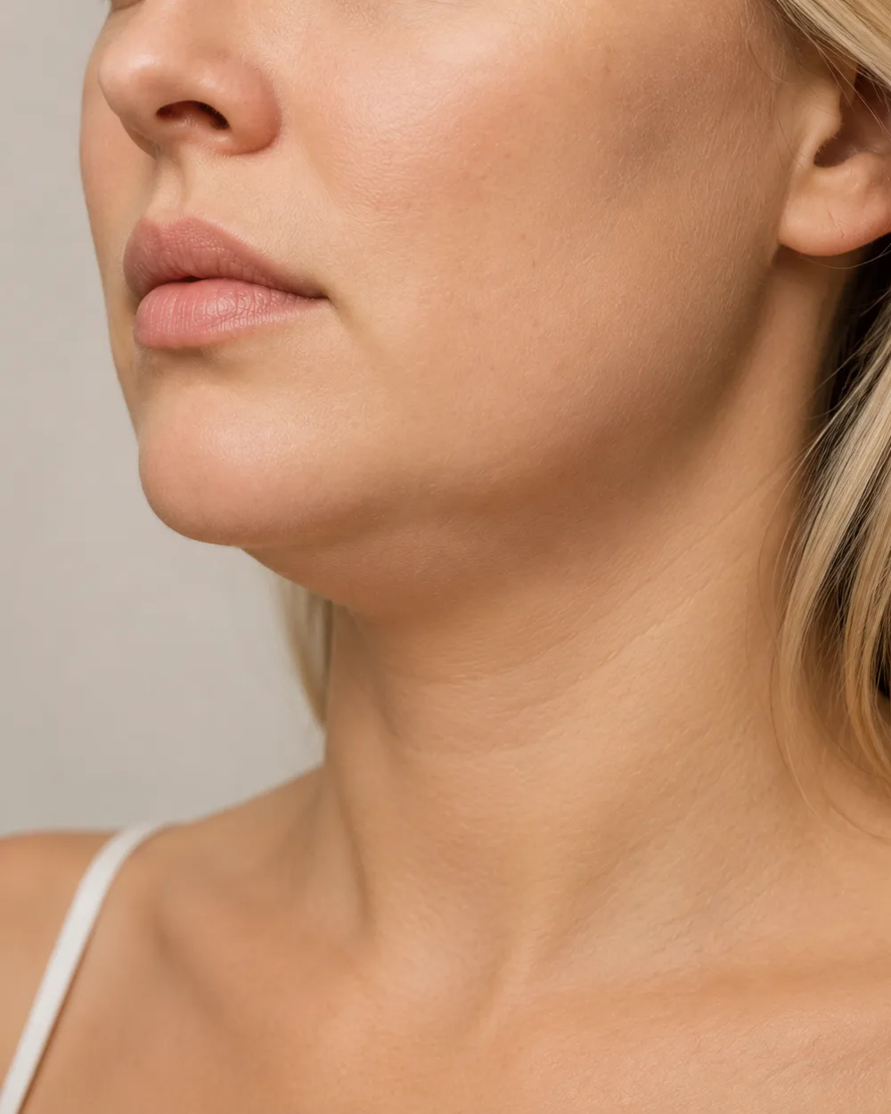 Natural lower face showing fullness through the cheeks and jowl area