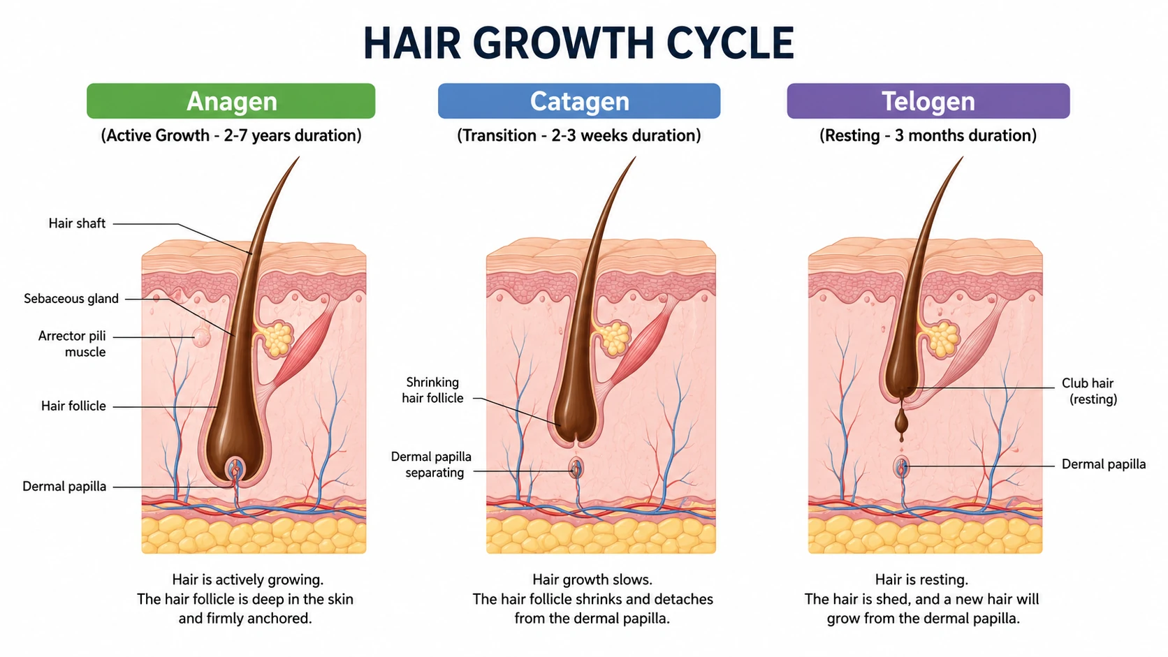 Diagram of the hair growth cycle showing its three phases &mdash; Anagen (active growth, 2&ndash;7 years), Catagen (transition, 2&ndash;3 weeks) and Telogen (resting, around 3 months) &mdash; with the hair shaft, sebaceous gland, arrector pili muscle, hair follicle and dermal papilla labelled