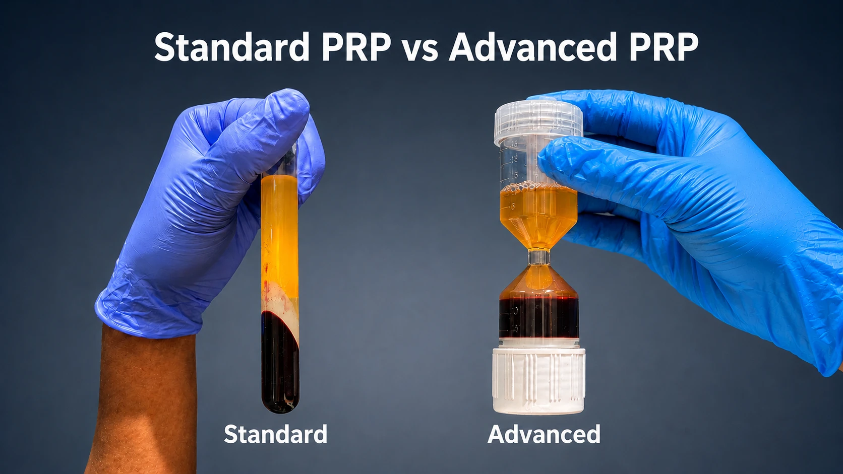 Standard PRP in a plain test tube beside advanced WorldPRP prepared in the hourglass separation tube, both held in gloved hands — showing the cleaner plasma-and-red-cell separation achieved by the advanced system