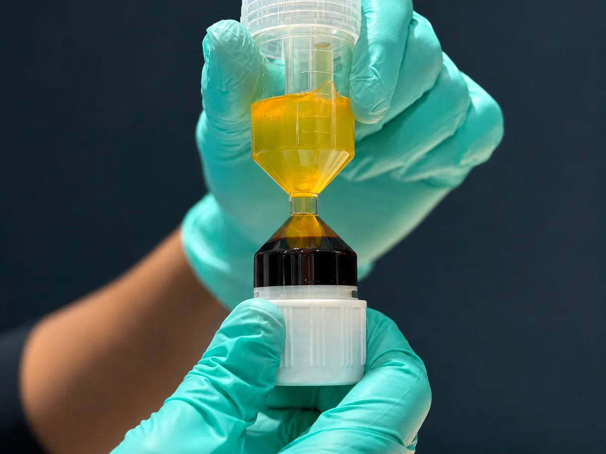 Macro shot of the WorldPRP&reg; hourglass tube held in gloved hands, showing the separated PRP and red blood cell layers