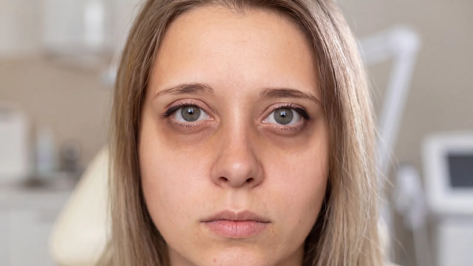 Natural close-up showing dark circles beneath the eyes