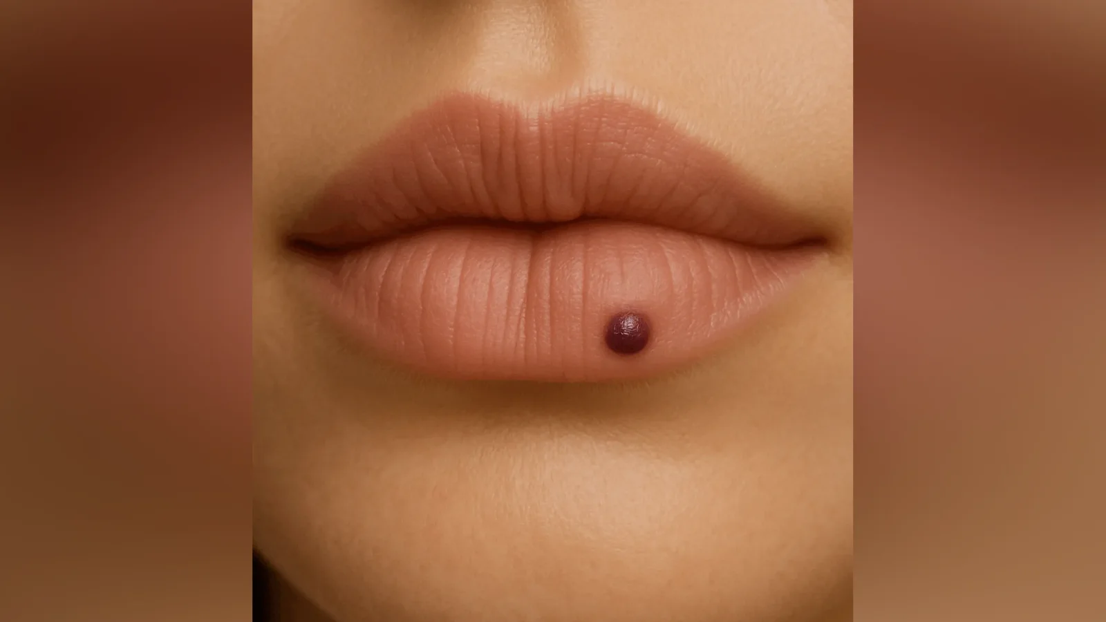Close clinical view of a blue-purple venous lake on the lip