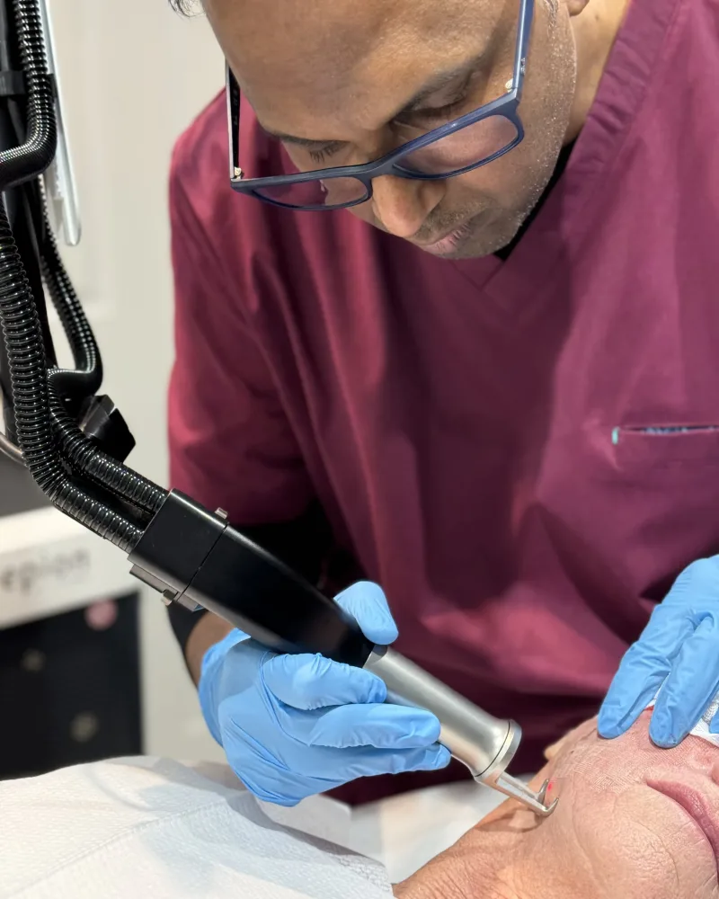 Clinician performing Cool Laser skin resurfacing with a laser handpiece on a patient's face at Rejuvena Clinic, Bedford