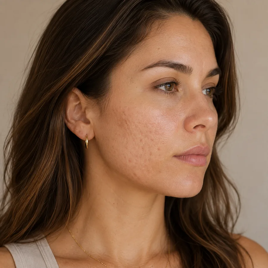 Illustrative portrait showing acne and surgical scarring