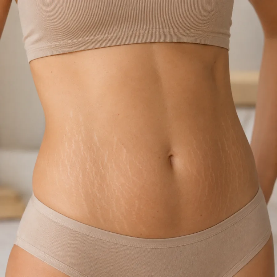 Illustrative photograph showing stretch marks on the abdomen