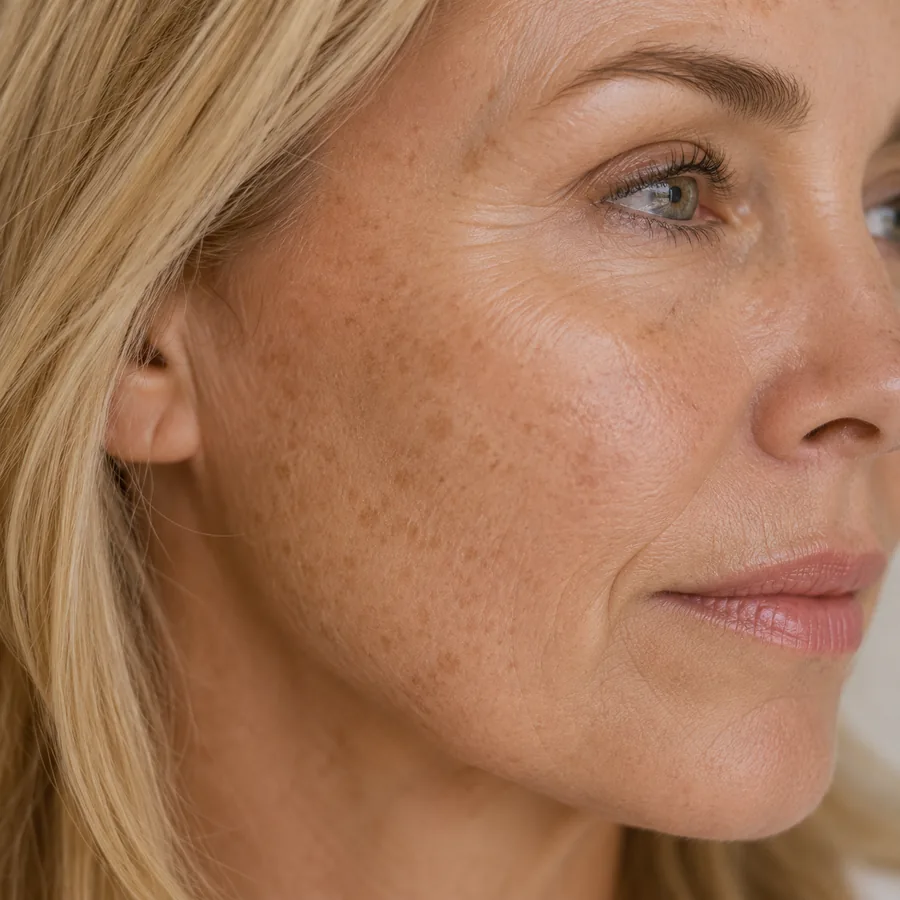 Illustrative portrait showing sun damage and age spots