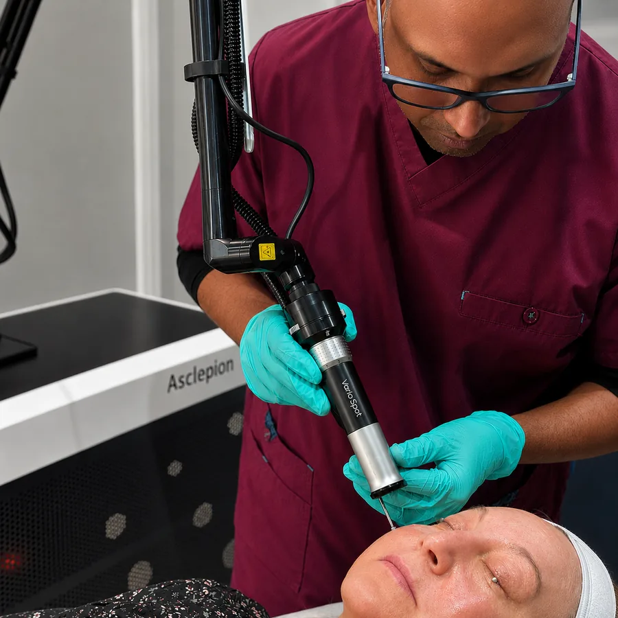 Dr Nick performing Cool Bleph eyelid laser resurfacing with the Dermablate Er:YAG VarioSpot handpiece at Rejuvena Clinic in Bedford
