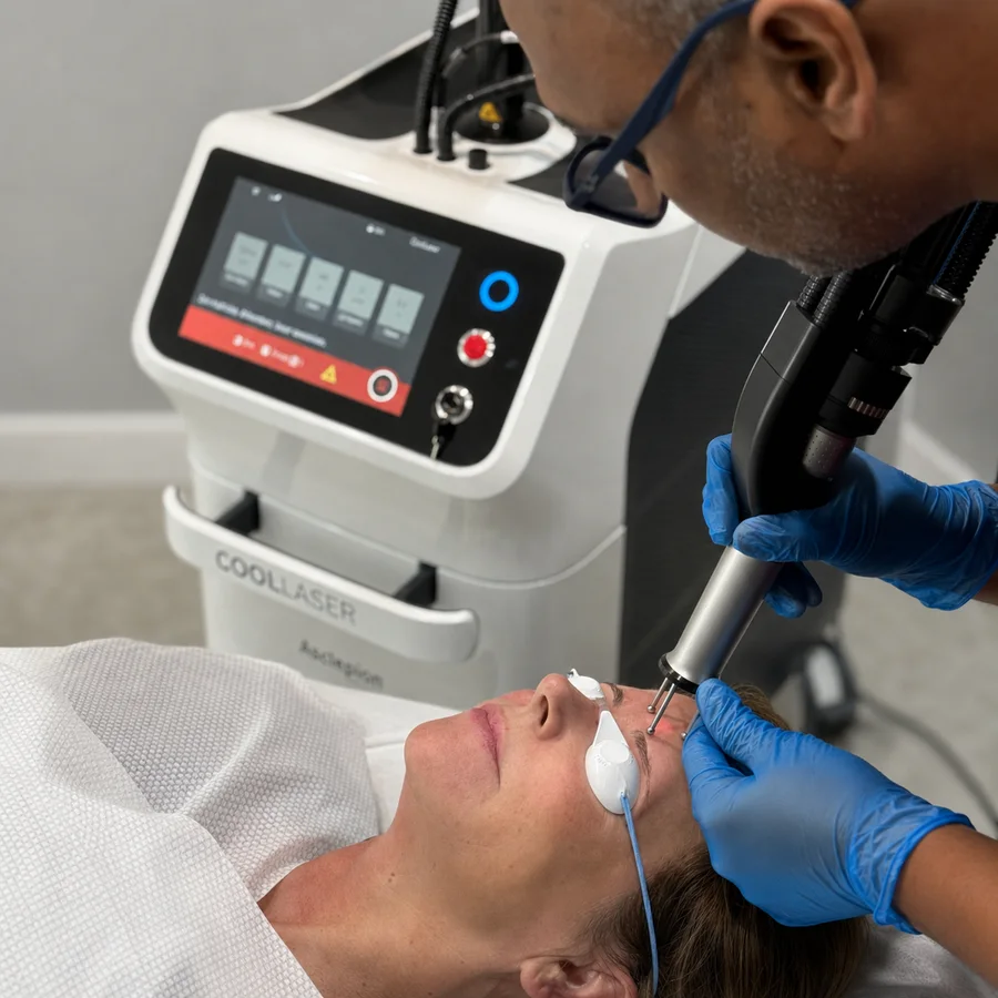 Dr Nick performing Cool Laser skin resurfacing on a patient wearing protective eye shields at Rejuvena Clinic in Bedford