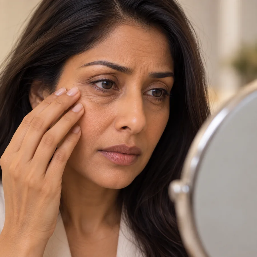 Natural image showing a tired appearance caused partly by loose or finely wrinkled skin