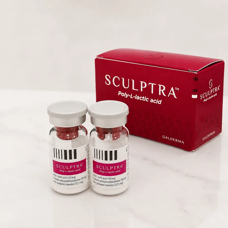 Sculptra poly-L-lactic acid vials and carton photographed at Rejuvena Clinic in Bedford