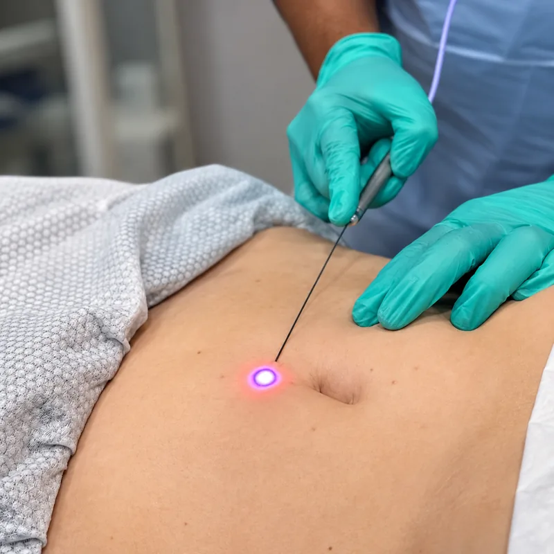 EndoContour K-Laser Blue fibre delivering laser energy beneath the skin of the abdomen at Rejuvena Clinic in Bedford