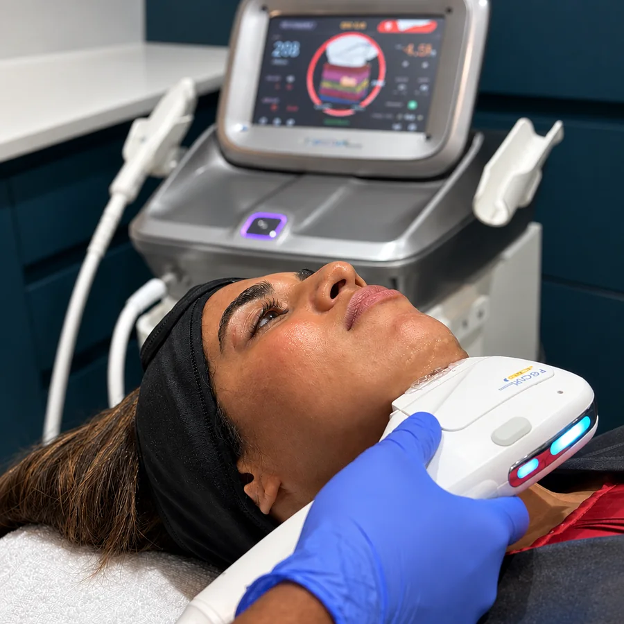 A HIFU handpiece being applied along a patient’s jawline at Rejuvena Clinic, Bedford