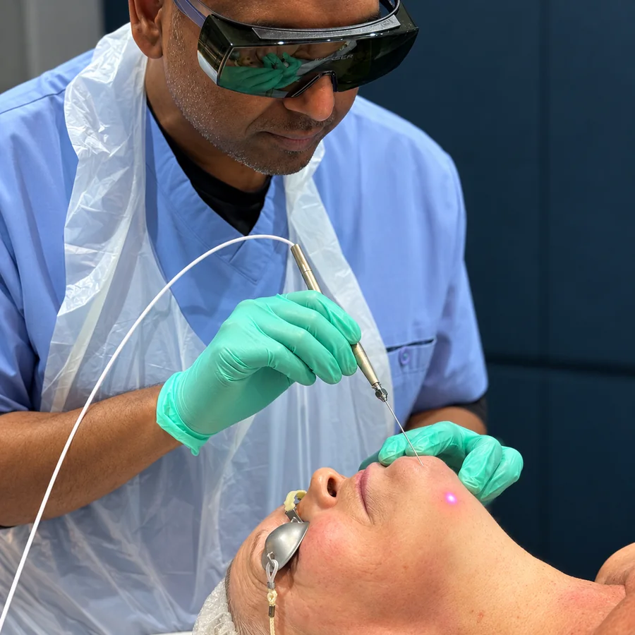 Dr Nick performing an EndoContour procedure with the K-Laser Blue fibre handpiece, wearing laser safety eyewear, at Rejuvena Clinic in Bedford