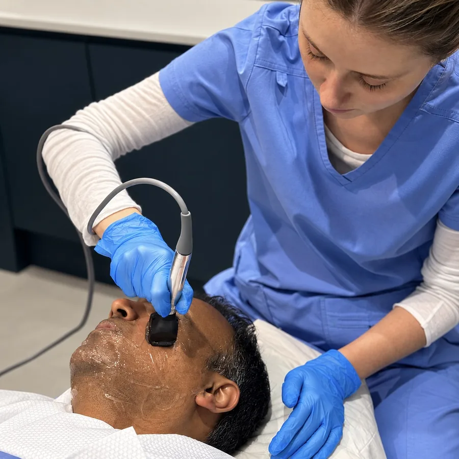 A clinician delivering Forma radiofrequency skin tightening to a patient’s face at Rejuvena Clinic, Bedford