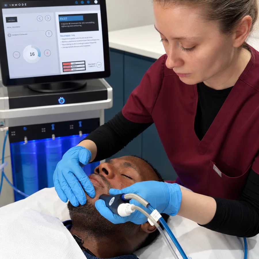 Skin therapist Lana performing a HydraFacial treatment on a patient at Rejuvena Clinic in Bedford