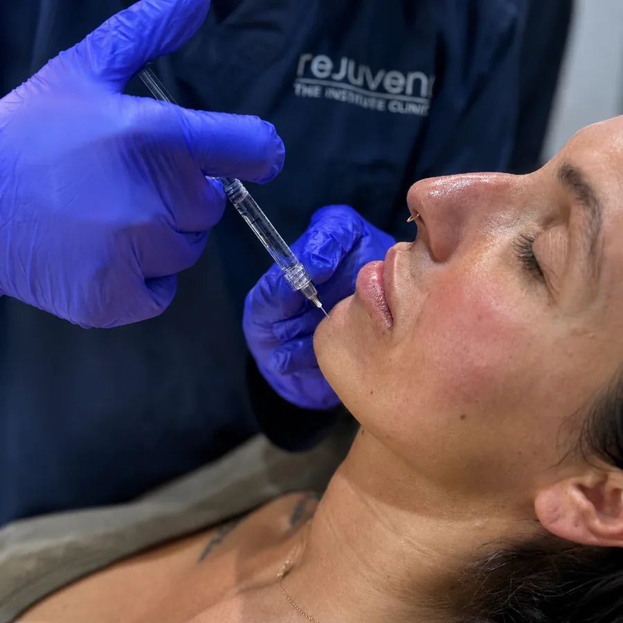 Dr Nick injecting dermal filler beside a patient’s lips at Rejuvena Clinic in Bedford