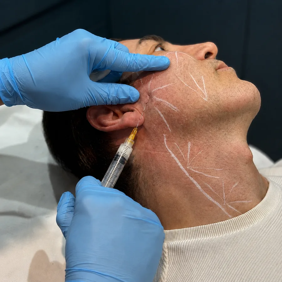 Radiesse being injected along a patient’s marked jawline at Rejuvena Clinic in Bedford