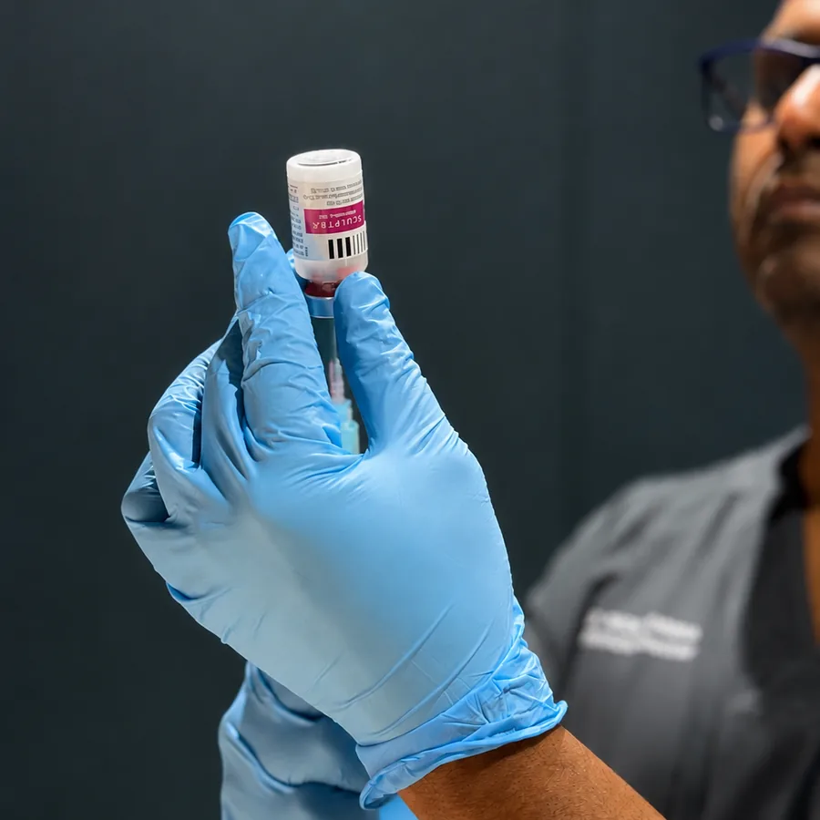 Dr Nick holding a vial of Sculptra before a collagen-stimulating treatment at Rejuvena Clinic in Bedford