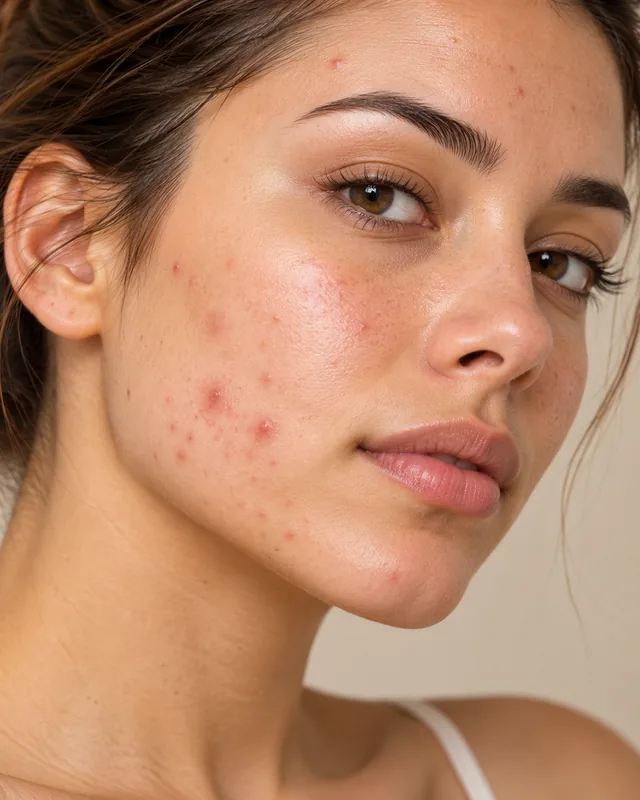 Woman with acne breakouts and blemishes across her cheek