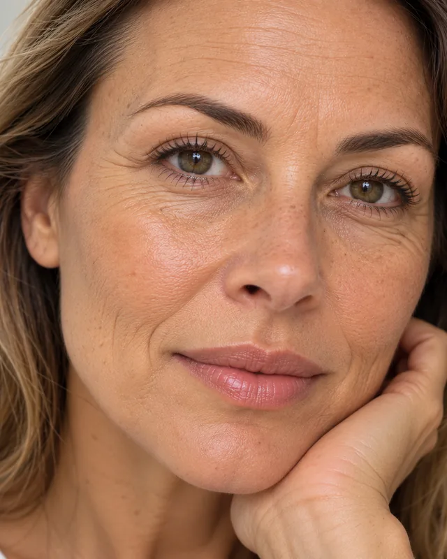 Woman with a tired, lacklustre complexion resting her chin on her hand